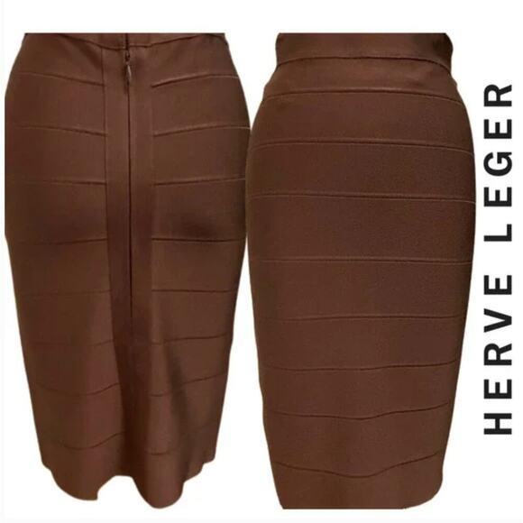 Herve Leger Pencil Silhouette Bandage Skirt Stretch Cocoa Brown Women's Sz Small - Picture 1 of 14
